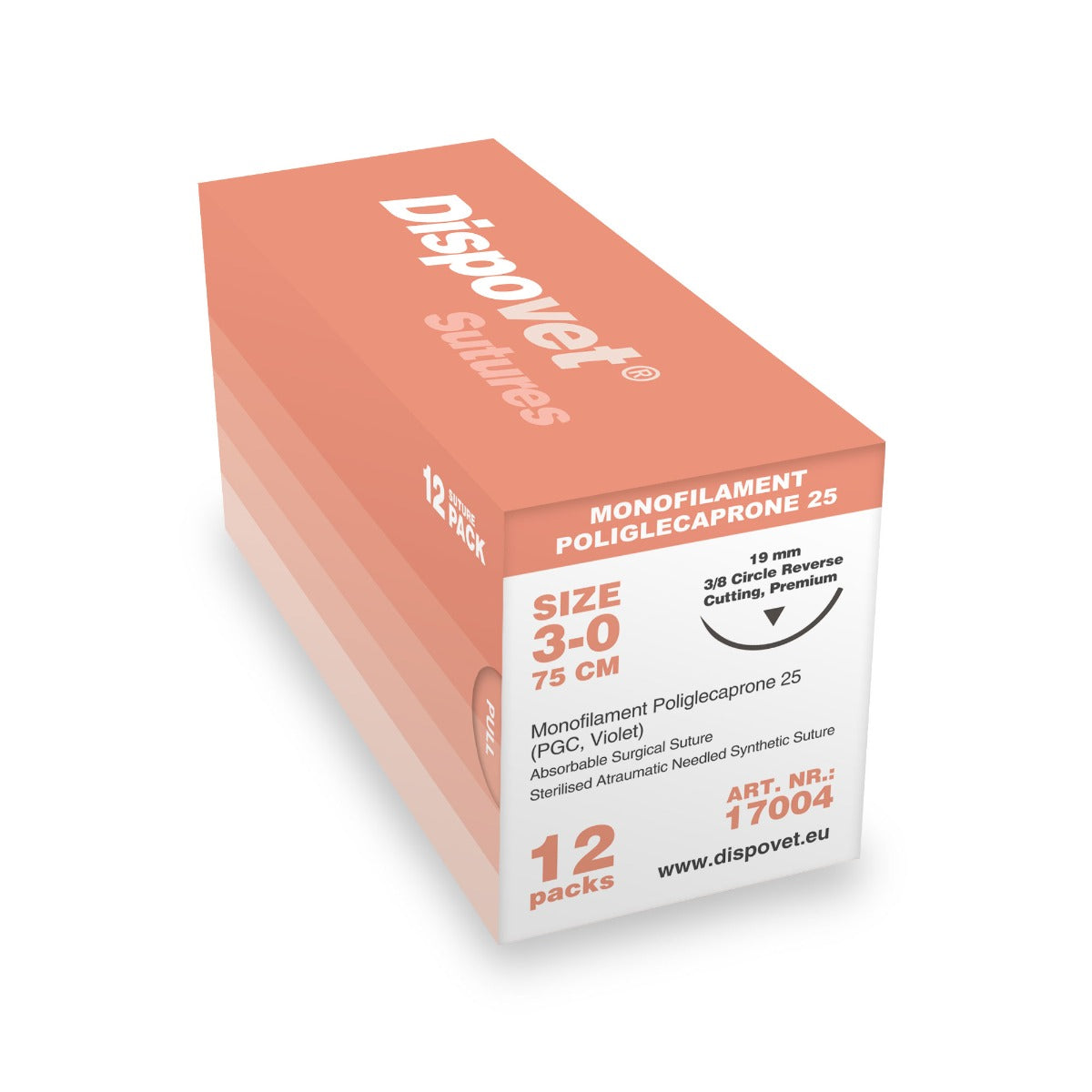 Dispovet Fil de suture Poliglecaprone (Pgc) 25 (USP 3-0, 75 cm, aiguille FS-2) - 12 Pièces